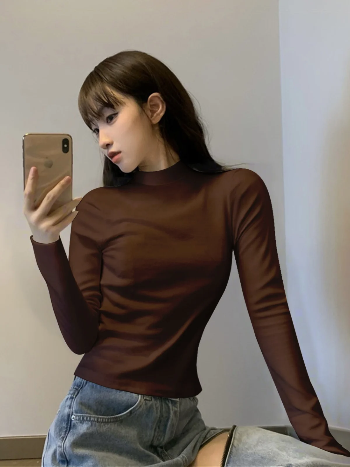 Slim Fit Long Sleeve Fleece Lined Small Stand Collar Base Tee for Women in Ink Green Suitable for Autumn Winter Inner And Out...