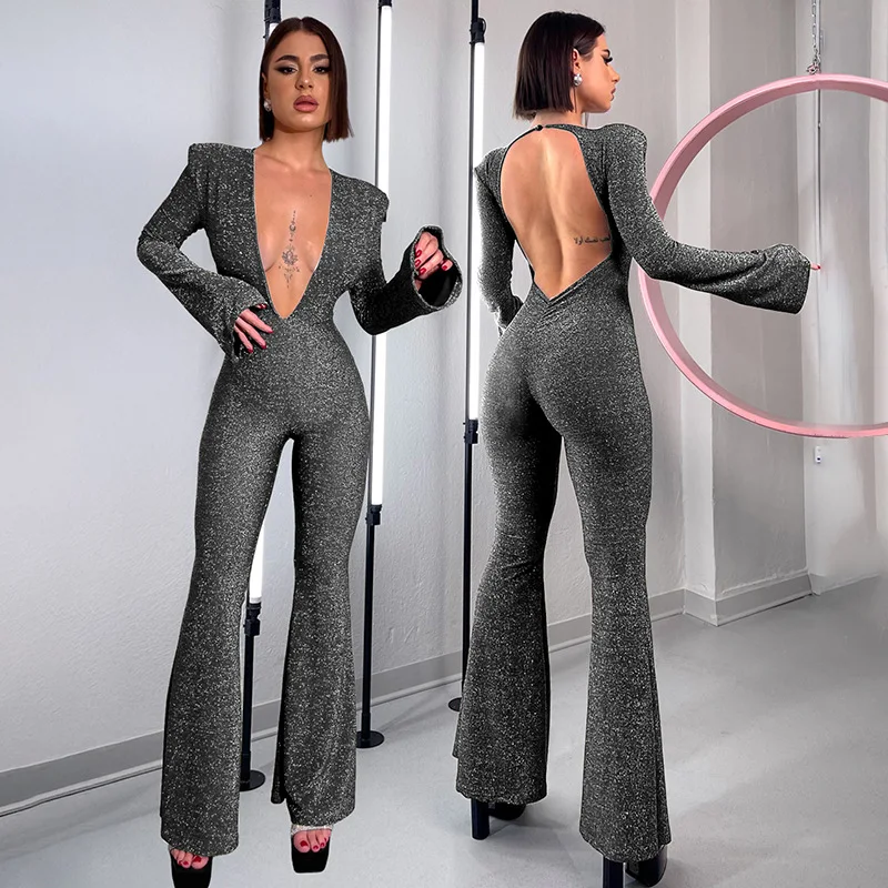 2025 New Silver Shiny Women's Sexy Long Sleeve Deep V Flared Jumpsuit