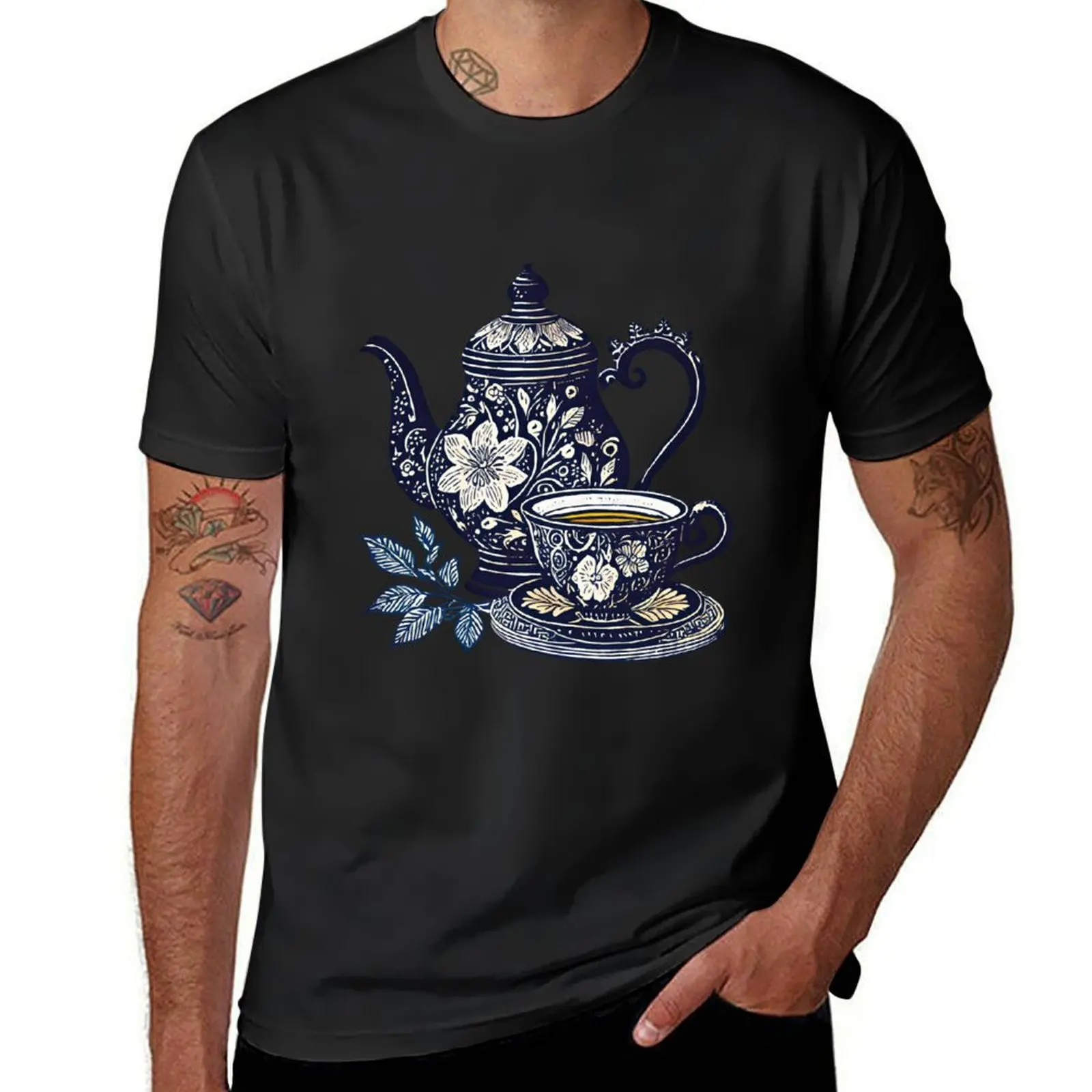 Linocut floral teapot and teacup T-Shirt hippie clothes graphics heavyweights tees plain white t shirts men