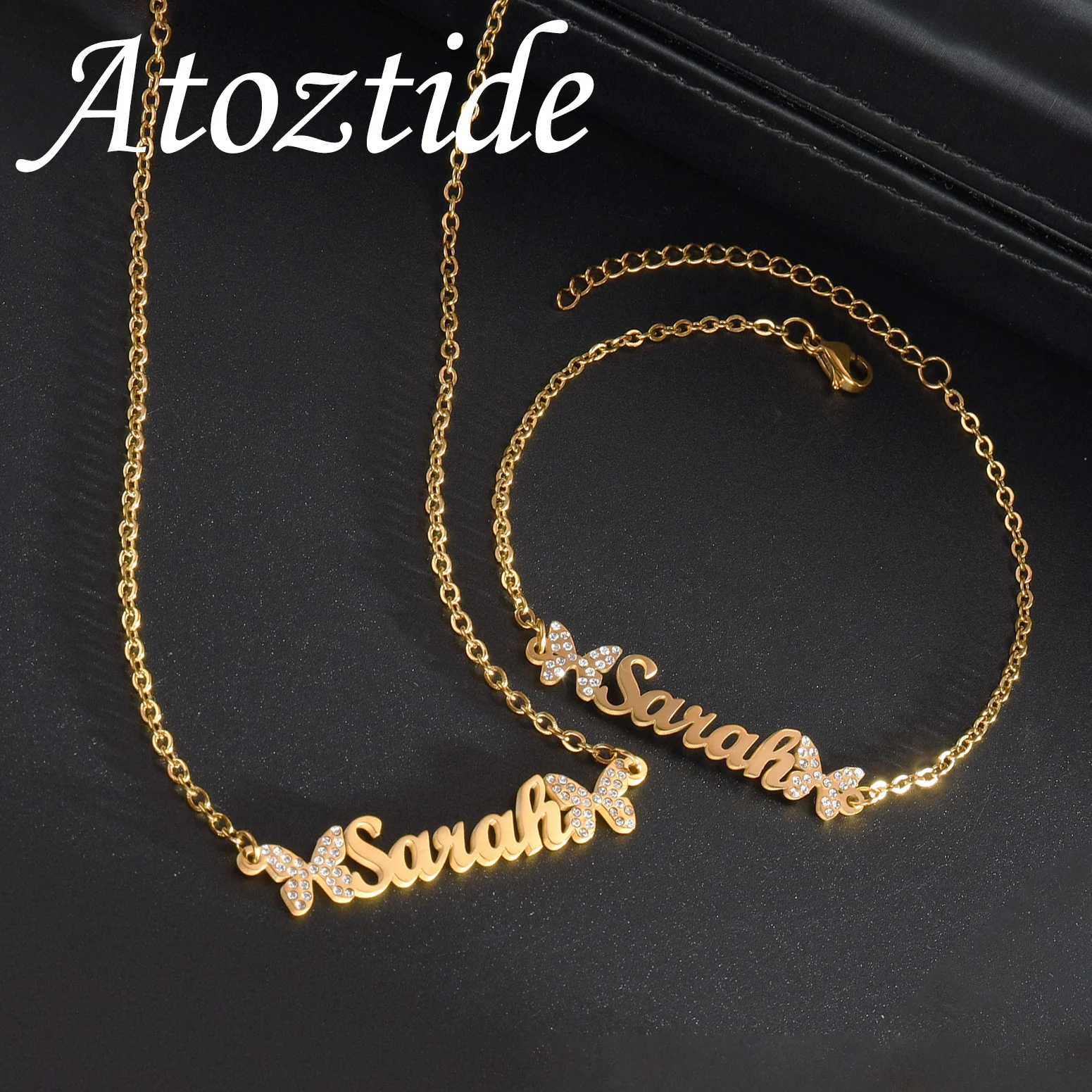 Atoztide Custom Name Necklace Bracelet Stainless Steel Jewelry Set Zircon Stone Butterfly Chain for Women Family Birthday Gift