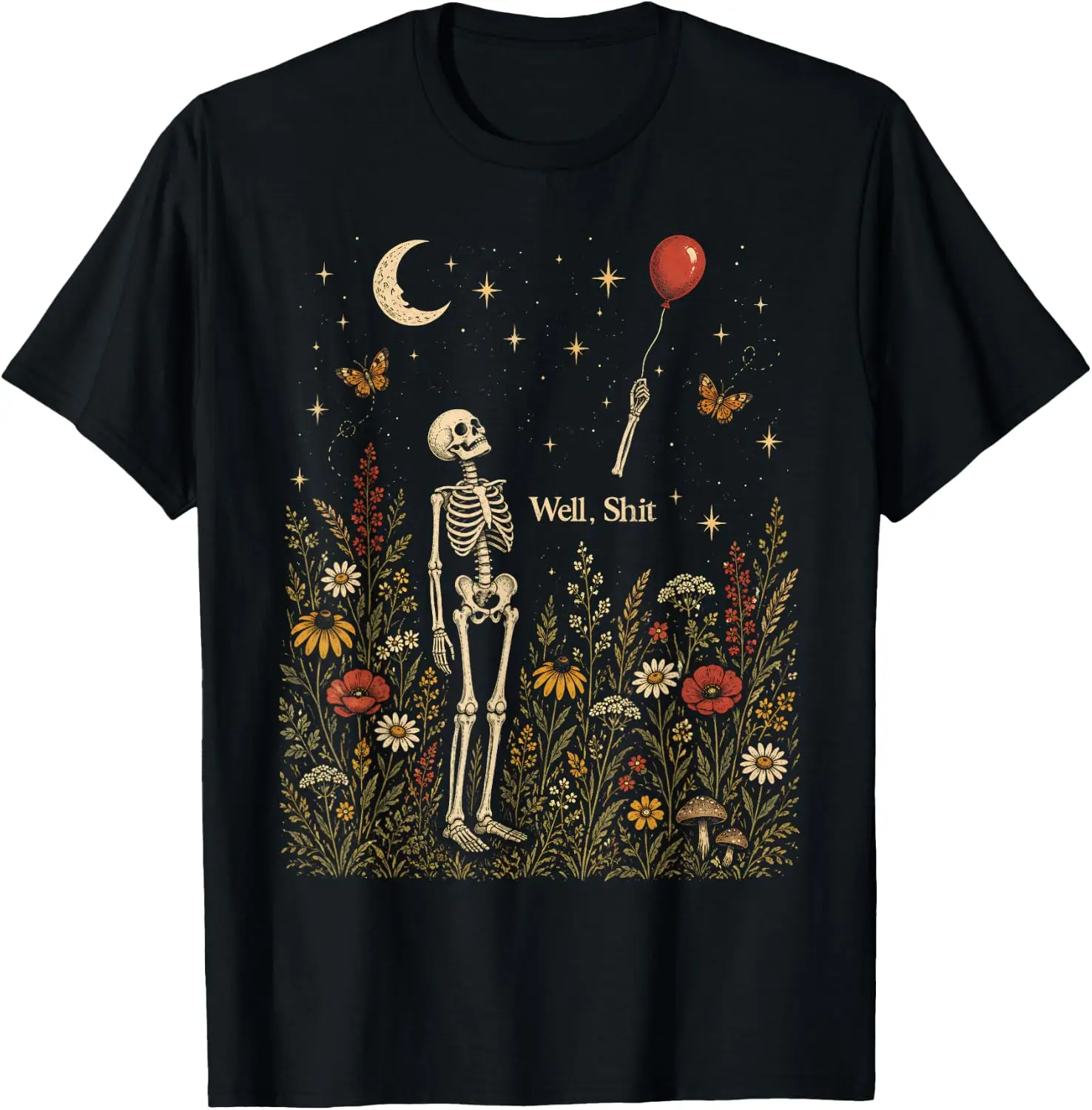 Well Shit Skeleton Lost Balloon Funny Halloween Wildflower T-Shirt vintage style tee  boxy fit tee black graphic tee 100% cotton men