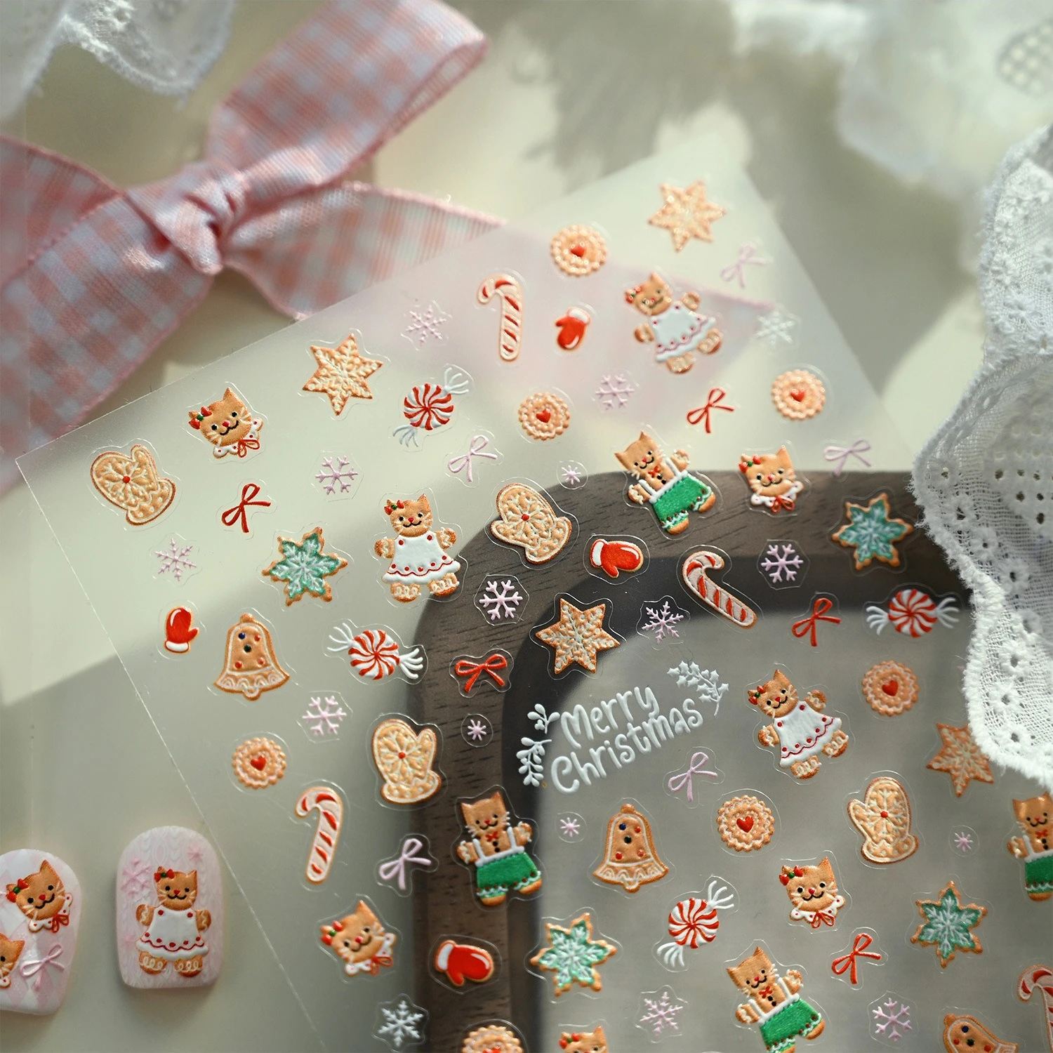 Navidad lindo galletas caramelo copo de nieve campana guantes gato pan de jengibre Bowknot 5D pegatinas de Arte de uñas en relieve calcomanías de manicura de Navidad