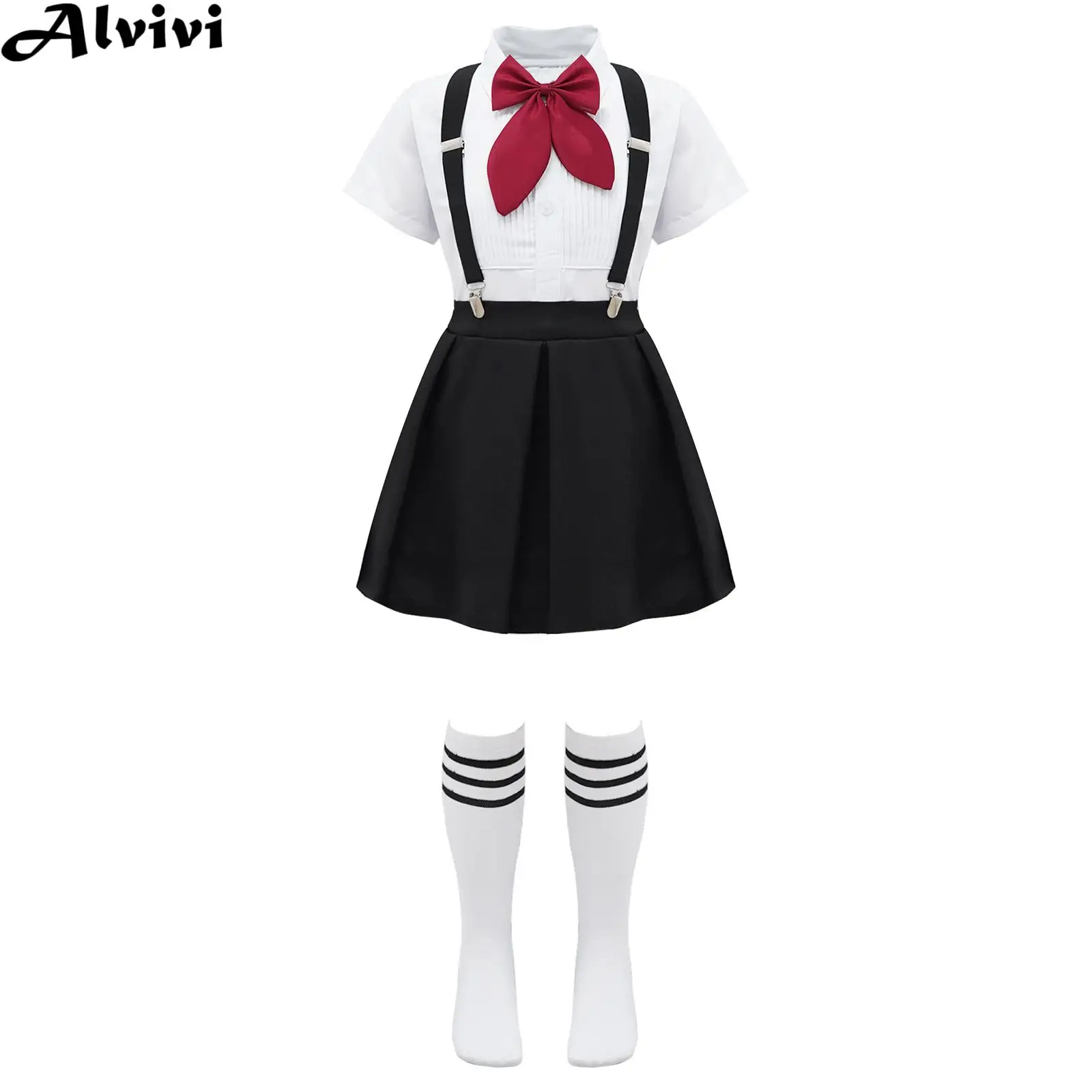 Kids Girls Schoolgirls Dance Outfit Student Uniform School Choir Host Performance Costume Bow Tie Top with Suspender Skirt Socks