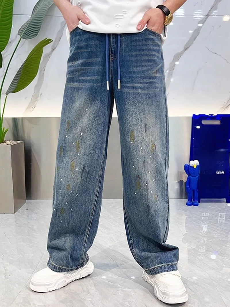 

Spring Summer Men's American Wide Leg Denim Jeans Casual Graffiti Elastic Waist Loose Long Casual Pants Breathable Youth Trend