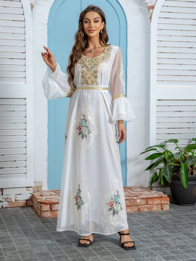 Eid Muslim Party Dress for Women Embroidery Flare Sleeve Abaya Sequins Lace-up Night Dresses Morocco Caftan Vestidos Largos 2024