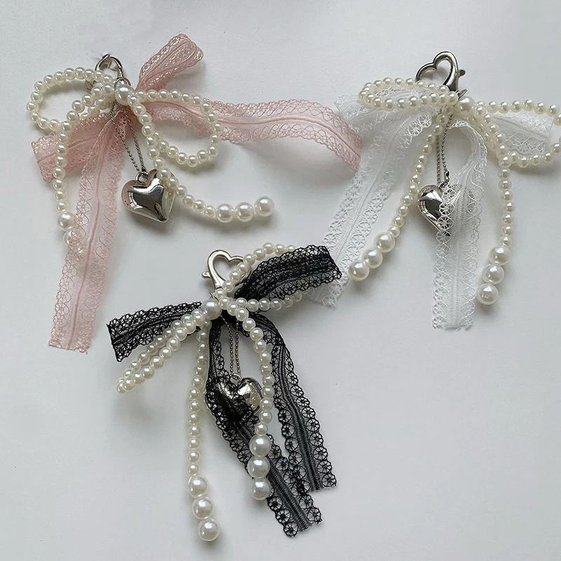 1Pcs Sweet Lace Bow Beaded Bow Keychain Phone Charm Strap Pendant For Phone Accessories Bag Hanging Cord For Women Girl