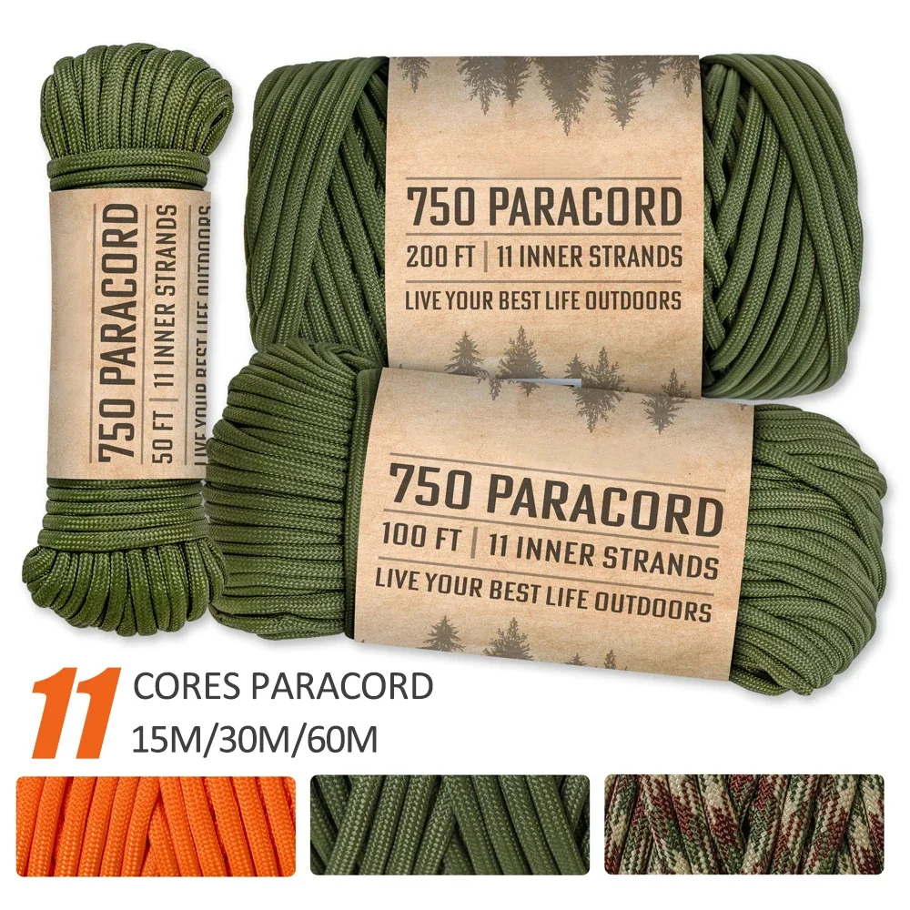 

750 Paracord 11 Core 4mm Heavy Duty Paracord Rope 15/30/60m Parachute Cord Camping Accessory Outdoor Survival DIY Bracelet Rope