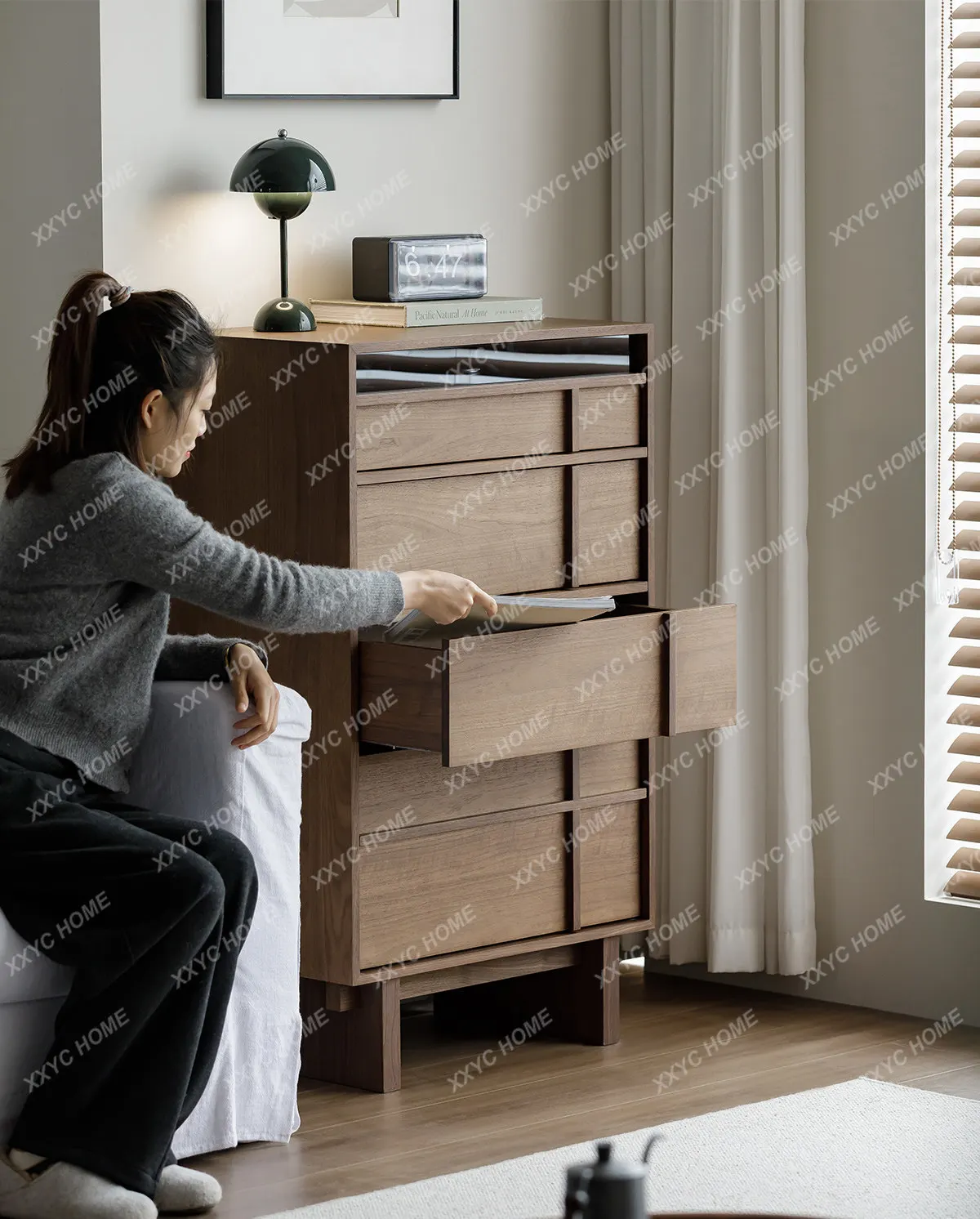 Black walnut drawer cabinet bone line floor to wall living room solid wood storage locker