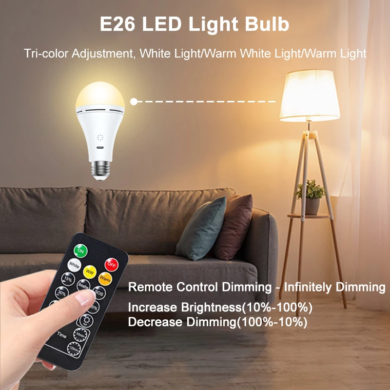 9W Rechargeable LED Emergency Light Bulb Handheld Remote Control E26 Energy-Saving Lighting Flashlight Hanging Fishing Tent Lamp