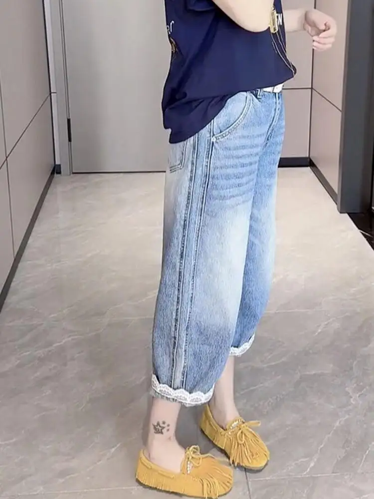 

High Waist Wide Leg Jeans Women's Dad Pants New Style plus Size Hide Hip Slimming Capri Pants Thin Material Eighteen Shorts