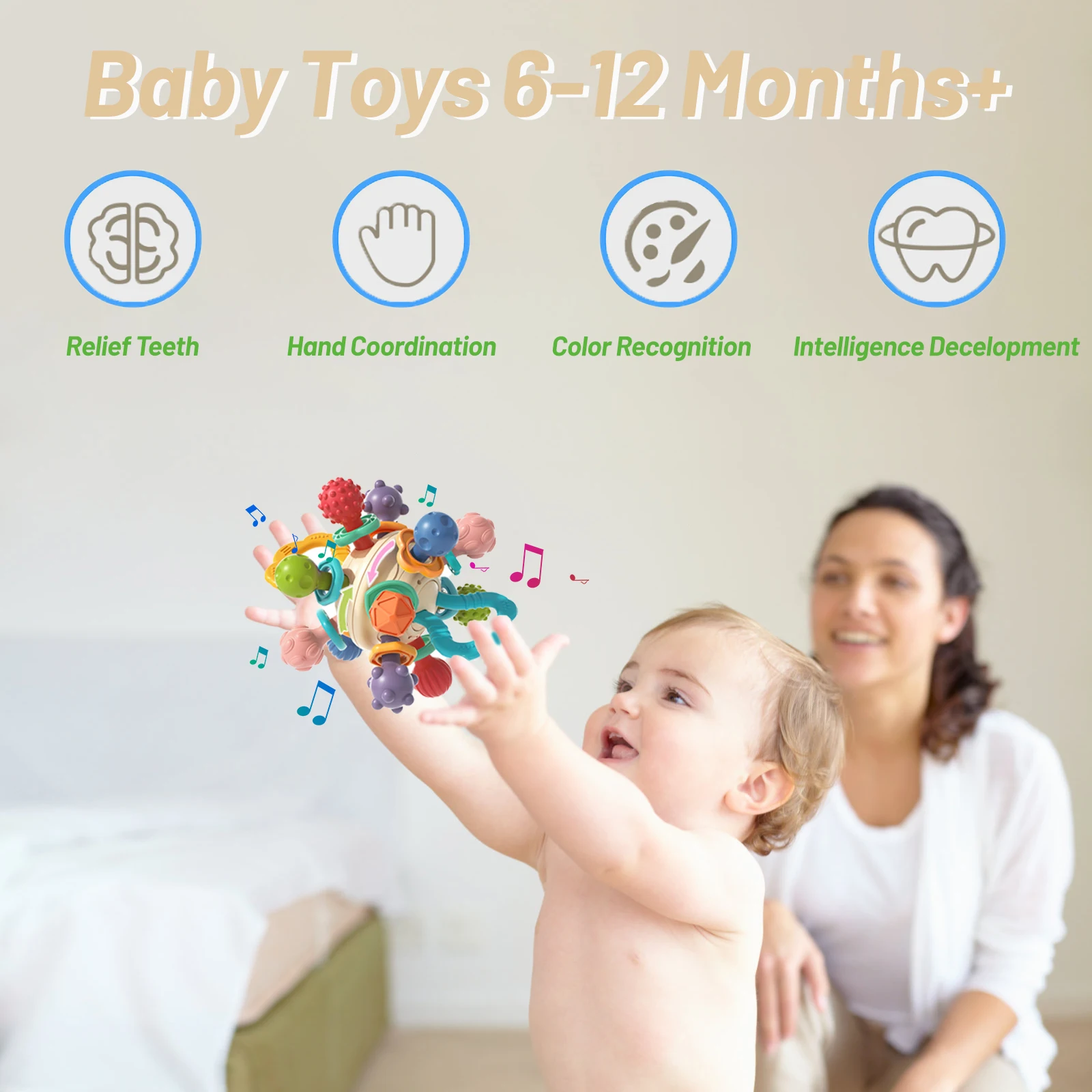 Baby Montessori Sensory Teething Toy 0-6 Months, Teether Silicone Ball & Rattle, Infant Developmental Toys for 3 6 9 12 Months