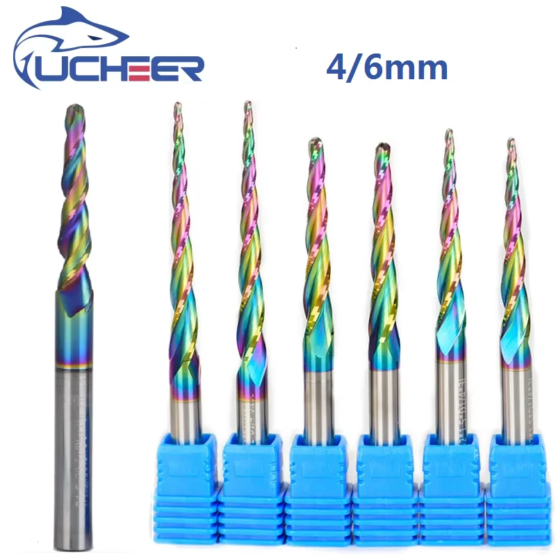 

Ucheer 4/6mm Tapered Ball Nose End Mill HRC60 2 Flutes Milling Cutter CNC Spiral Coated Cone Carving Bits Wood Engraving Bit