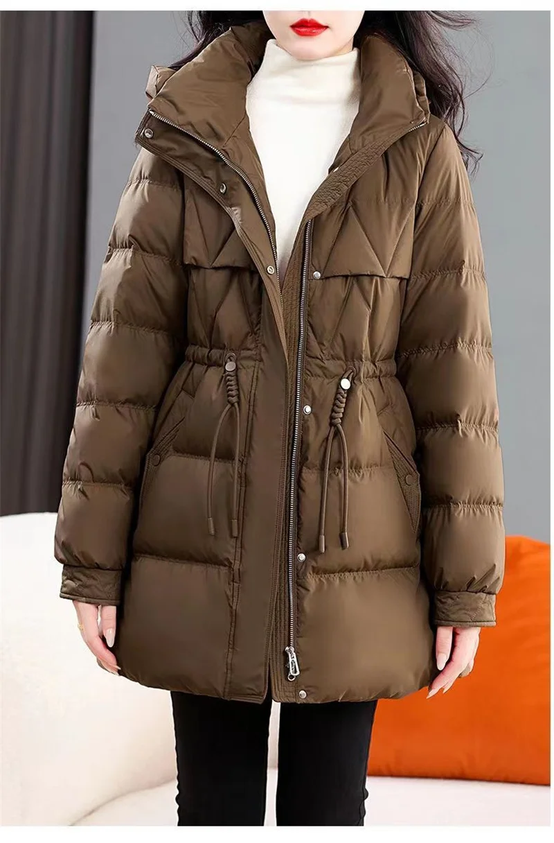 レディースロングスリムフィット2024冬新作ファッショナブル厚手コットンジャケット、ウエストシェイプダウンコットンジャケット、フード付きジャケット