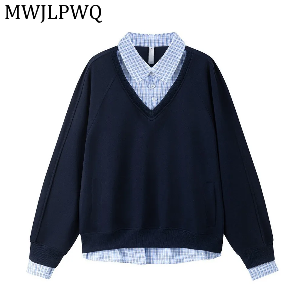 

MWJLPWQ Мужской свитшот с эффектом двухслойности, весна-осень, модный уличный дизайн, клетчатый пэчворк, пуловер с отложным воротником, 13550