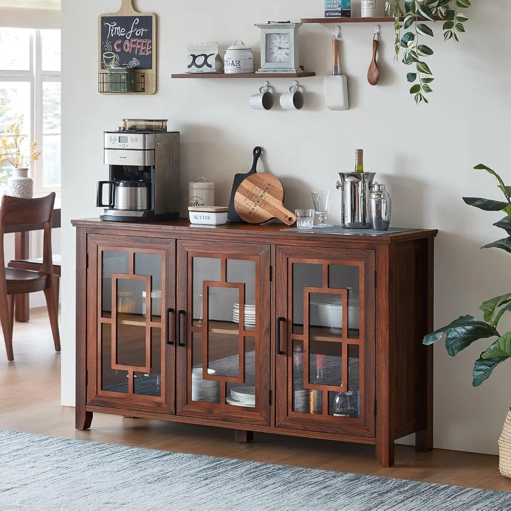 Großes Sideboard, Buffetschrank mit Stauraum, 55 Zoll Bauernhaus-Küche, Kaffee-Weinbar-Schrank mit 3 Glastüren, Holz aus der Mitte des Jahrhunderts