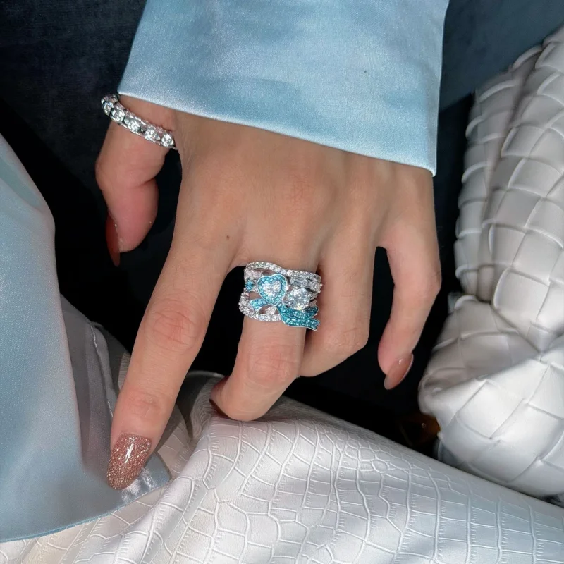 Bellux Blue Heart Ring for Women 925 Silver CZ Diamond Multi-layer Design Vintage Punk Fashion Party Jewelry Gift