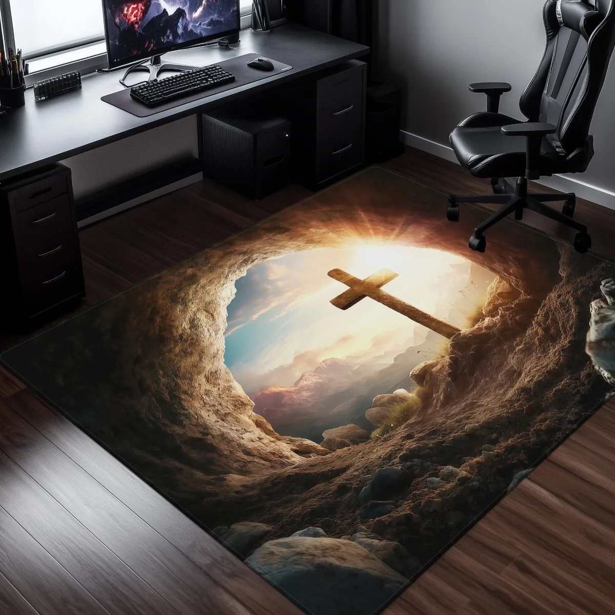 Religious cross cave rug spiritual Christian art living room carpet inspirational sunrise scene soft plush floor mat