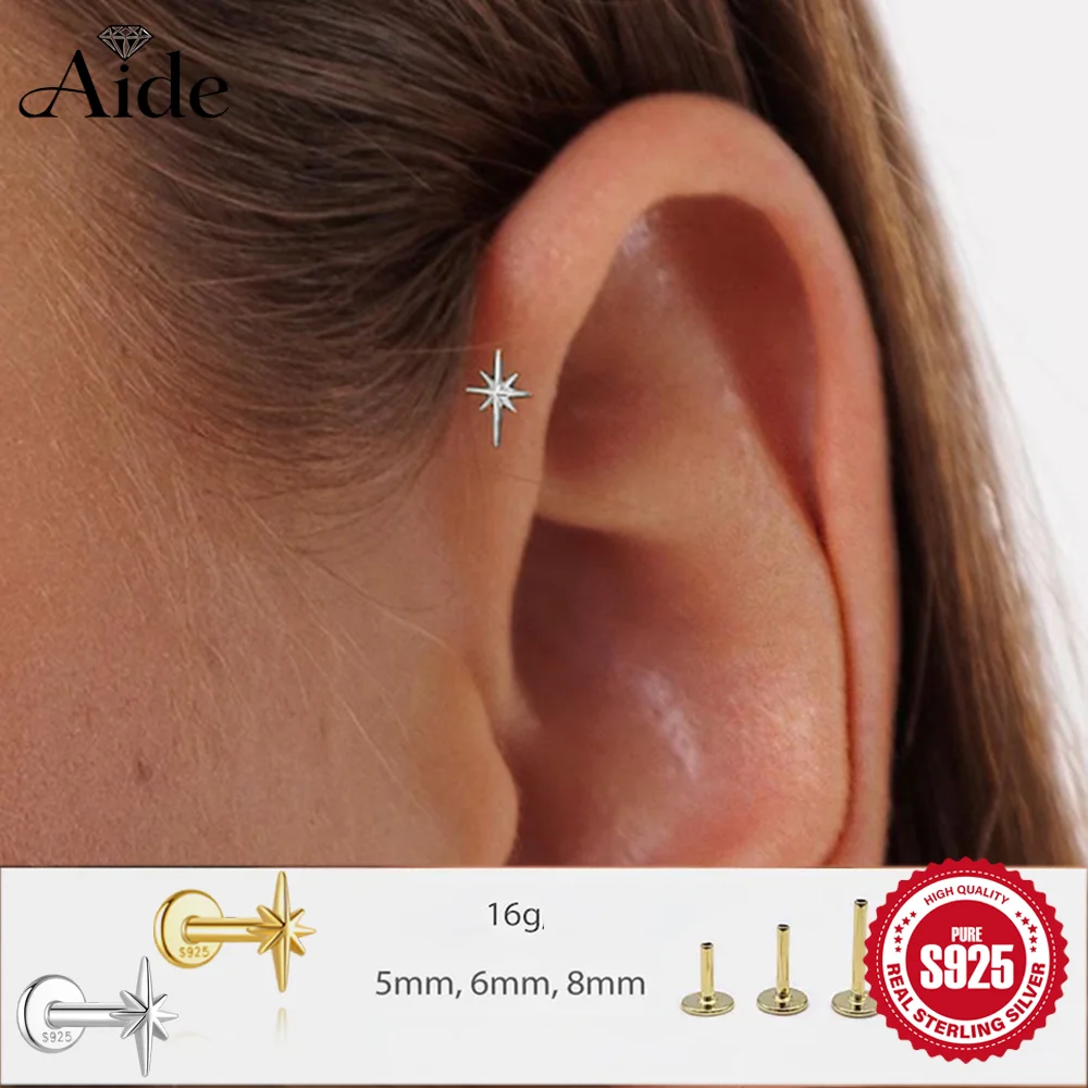 AIDE 925 Sterling Silver Dainty Tiny Glossy Octagonal Star For Women Multi-size Cartilage Helix Flat Back Hypoallergenic Earring