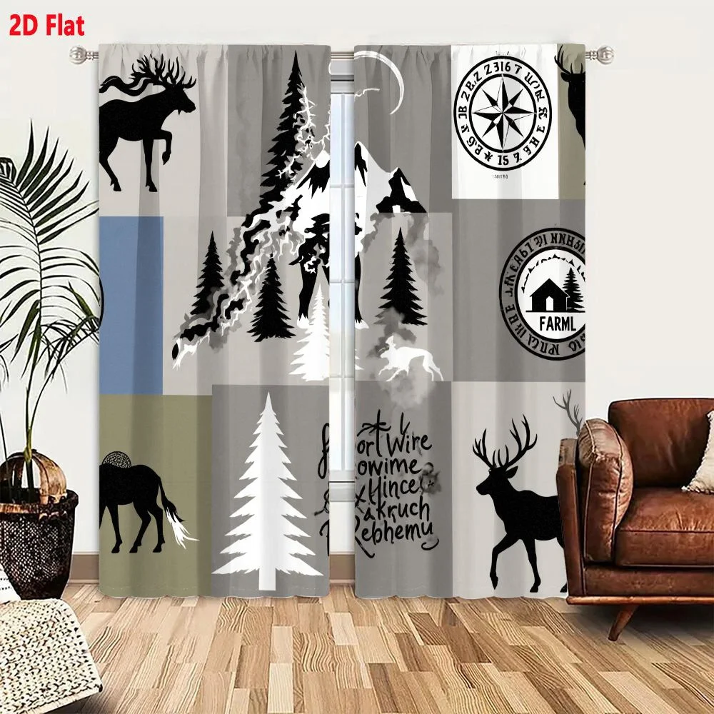2Pcs Curtains 2D Flat Monochromatic Rustic Nature Collage: Animal Silhouettes (Moose Deer Horse), Mountain Landscape, Compass &