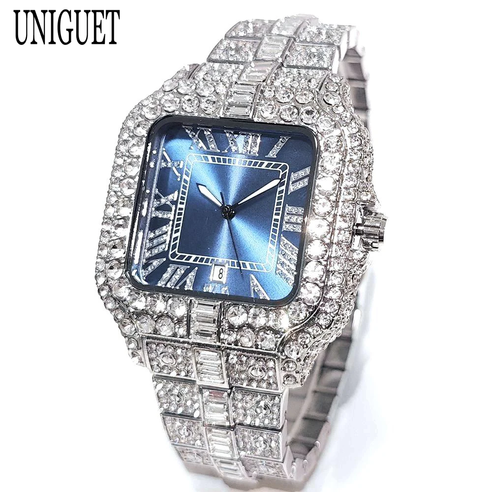 

Luxury Brand UNIGUET Men's Watch Blue Dial Bling Iced out Diamond Quartz Hip Hop Diamond Jewelry Wristwatch Fashion Gift for Him