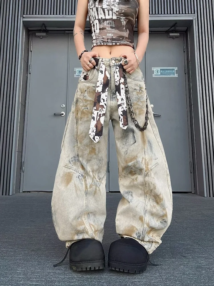 2026 Cyber Y2K Streetwear Vintage Yellow Baggy Women's Jeans Pants Woman Clothing Wide Leg Tie Dye Gothic Loose Denim Trousers