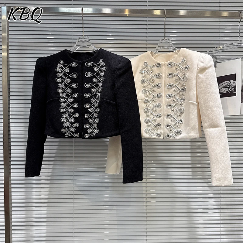 

KBQ Elegant Solid Spliced Diamonds Short Jackets For Women Round Neck Long Sleeve Spring Casual Jacket Female Fashion Style New