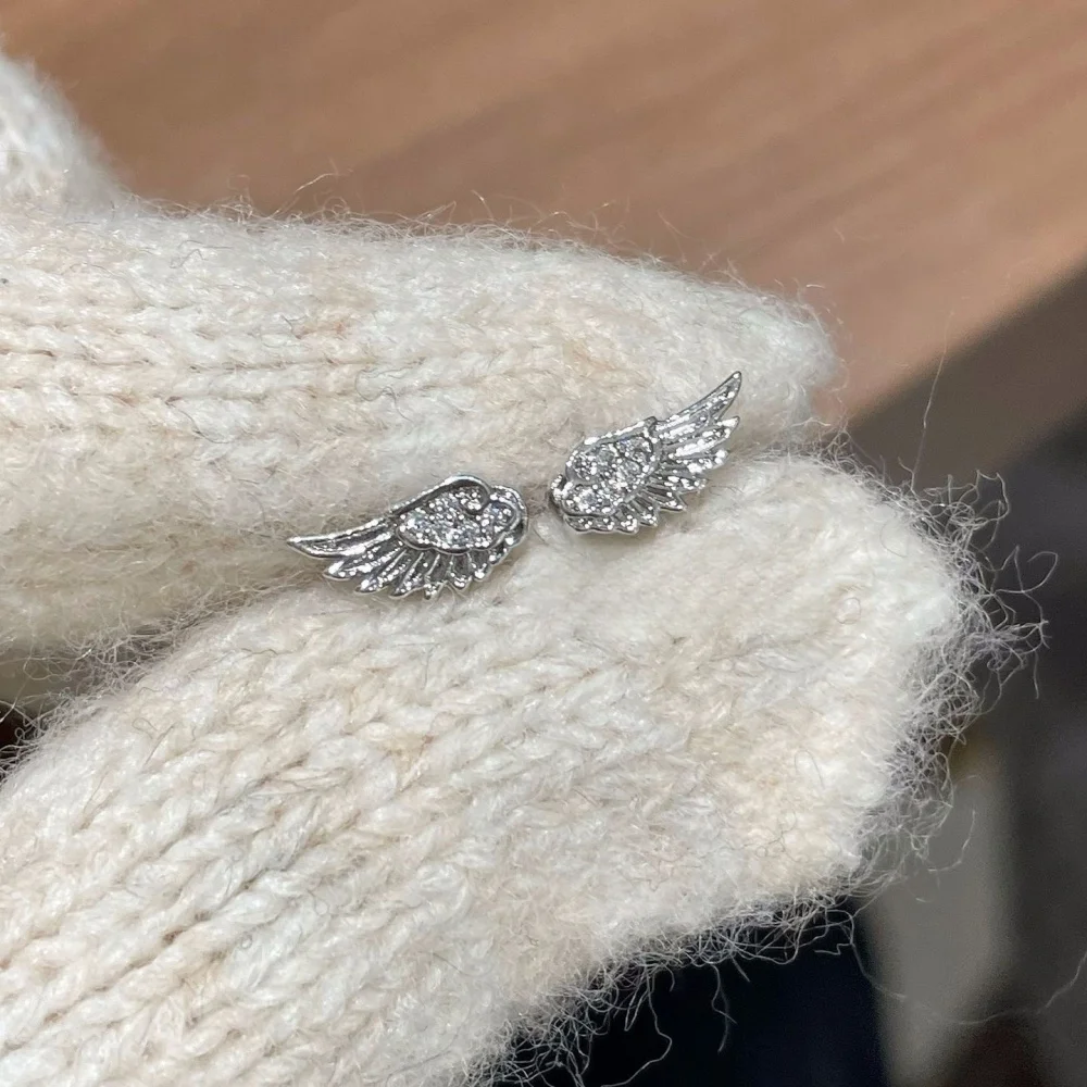 Stainless Steel Fashion Zircon Wing Stud Earrings for Women Man Silver Color Shiny Crystal Creative Angel Wings Studs Jewelry