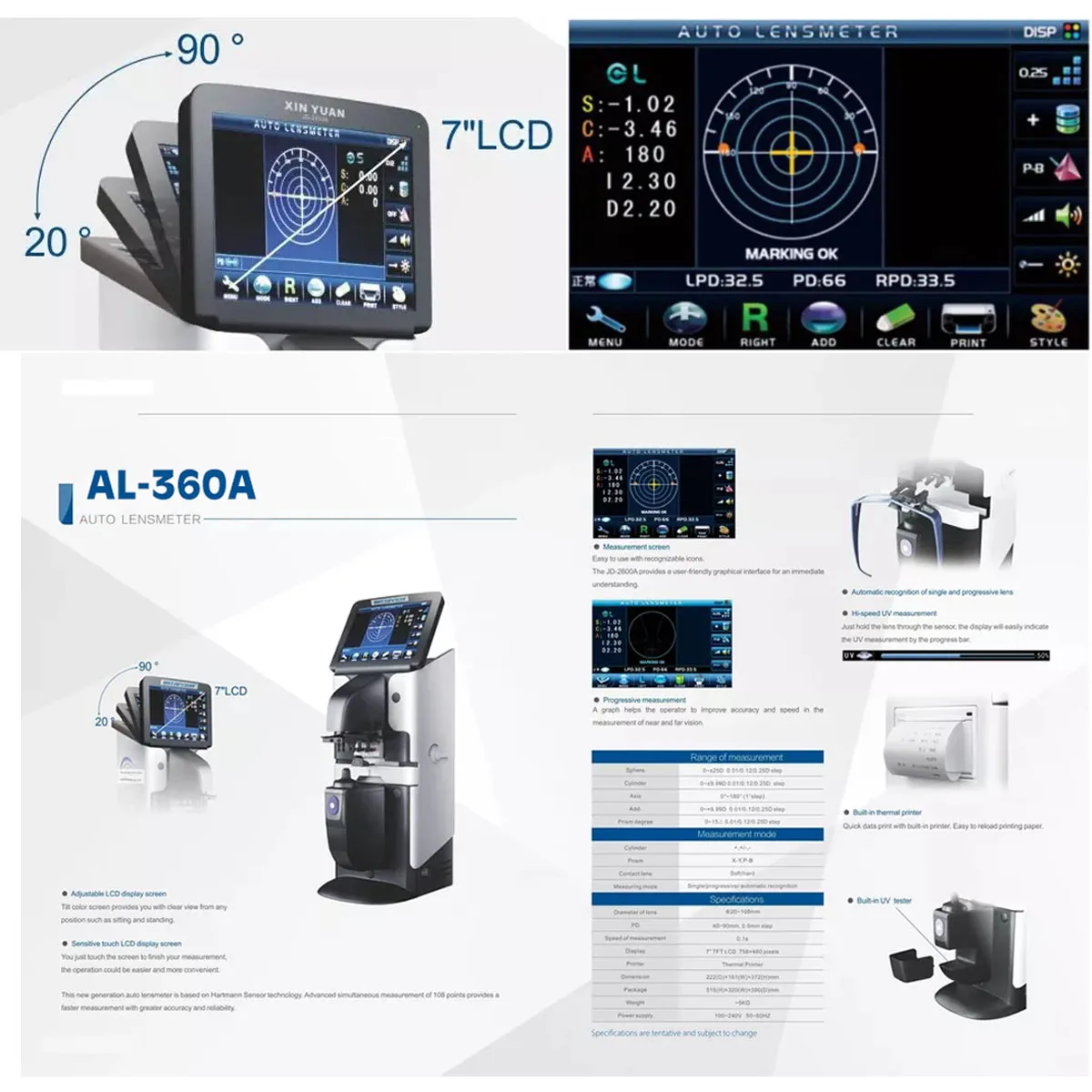 Portable Lensometer 7 Inch Digital Automatic Focimeter Optical Lensmeter with PD UV Printer AL-360A