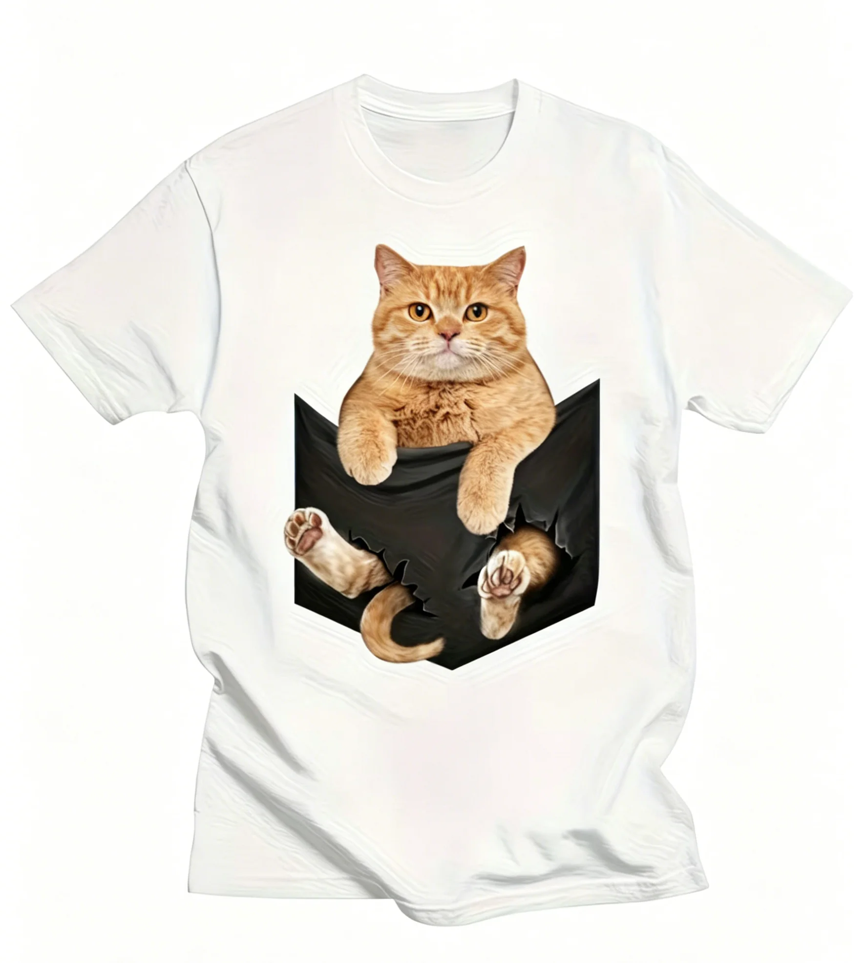 Funny 3D Cat in Pocket T-Shirt Creative Ginger Cat Graphic Tee Realistic Animal Print Top Unique Illusion Summer Casual Tshirt