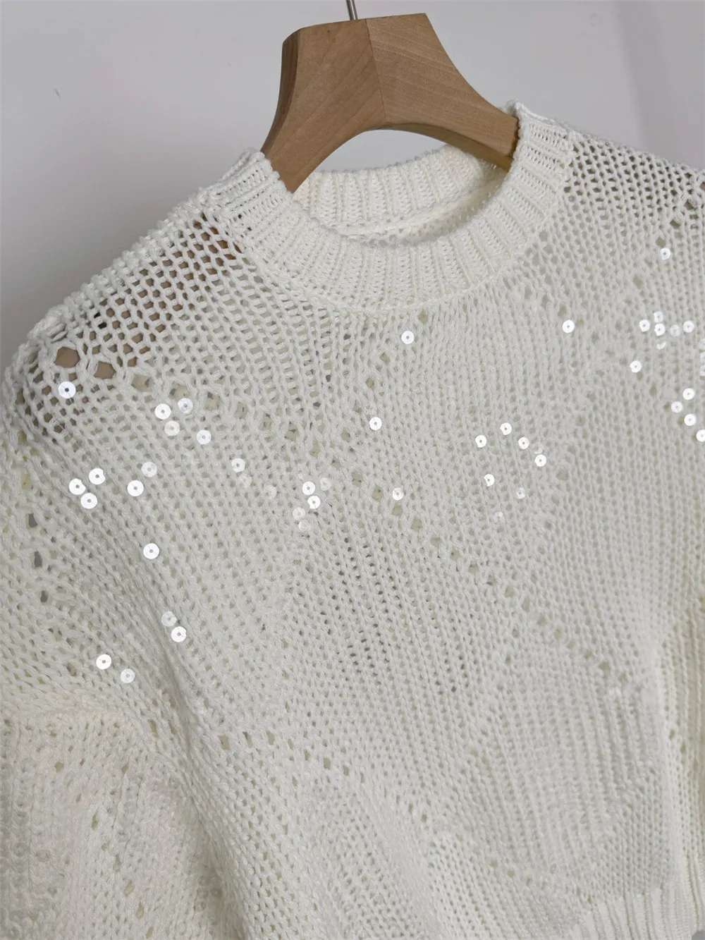 Cotton Linen Blended Pullover For Women Sequined Hollow knitted Sweater