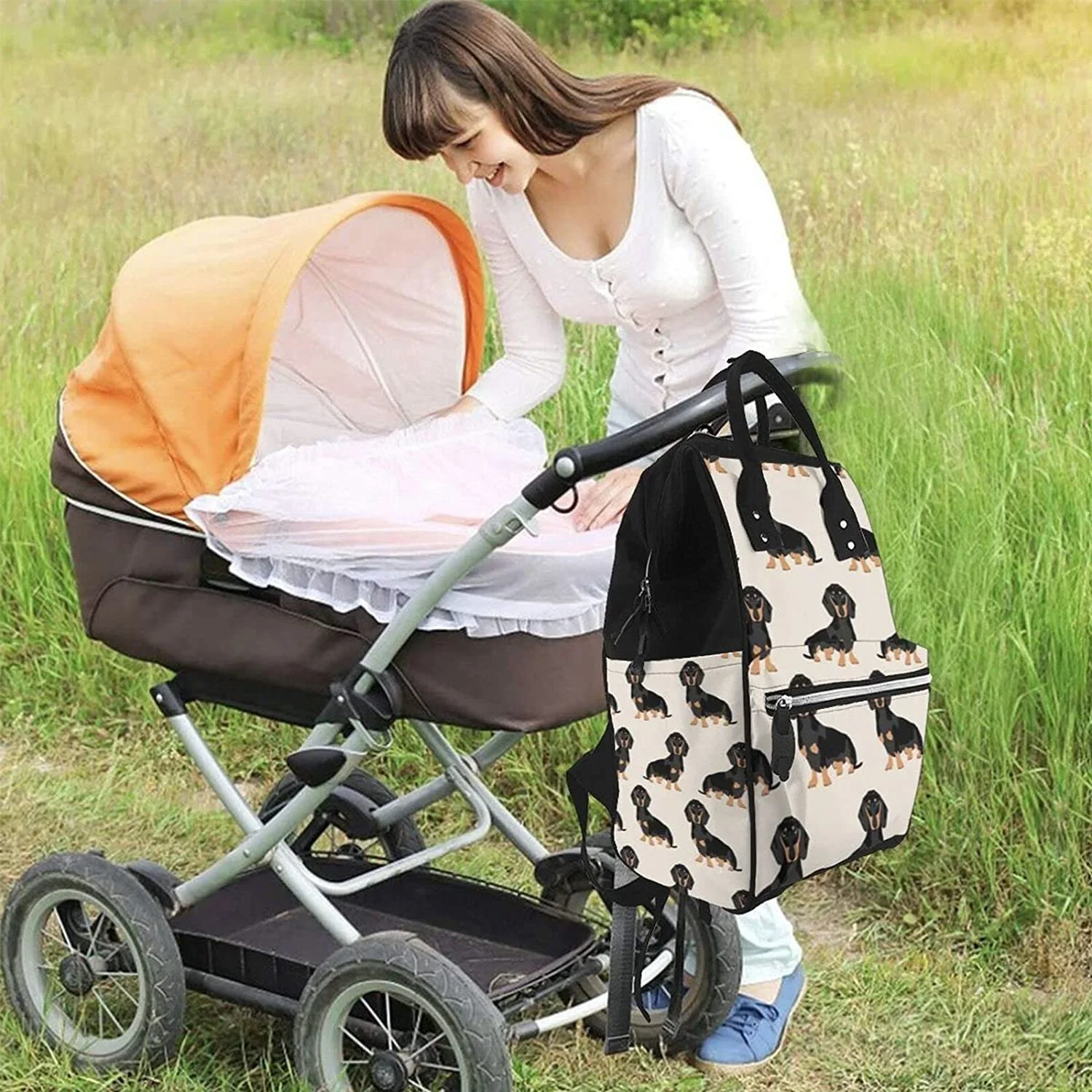 Bassotto cane stampato mummia zaino borsa per pannolini Multi-funzione maternità borse per pannolini, borsa per bambini con tasca per Laptop,