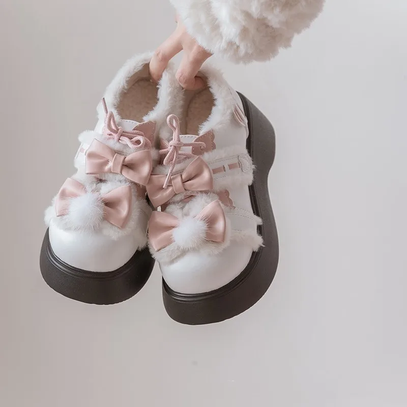 ฤดูหนาว WARM Plush Lolita รองเท้า Fluffy รอบ Toe Kawaii คอสเพลย์รองเท้าผู้หญิงรองเท้า Lolita ข้อเท้ารองเท้า Loli BOOT PU หนัง