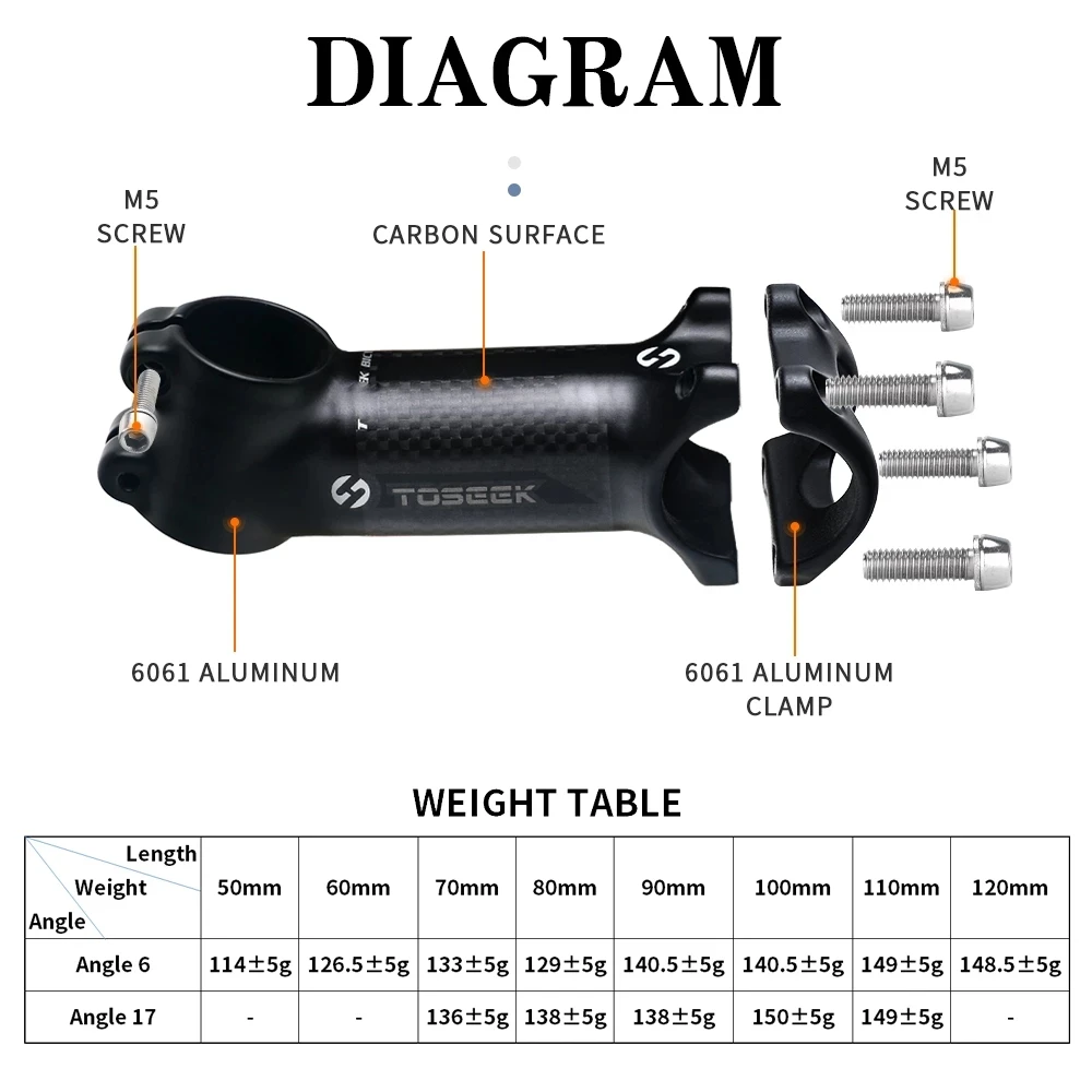 TOSEEK Carbon+Alloy 17/6 Degrees Road MTB mountain Bicycle Stem Rack bike Stem Cycling Parts 31.8 x 50/60/70/80/90/100/110/120mm