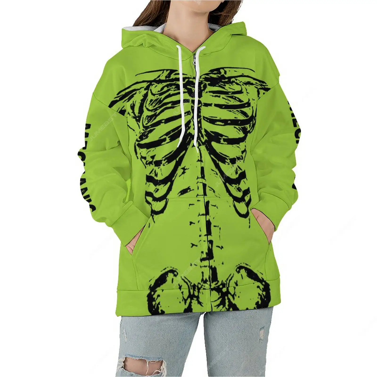 Jumeast Neon Green Mechanical Skeleton Men Zipper Hoodies Dark Academia Horror Women Hooded Sweatshirts Gothic Drip Clothes Coat