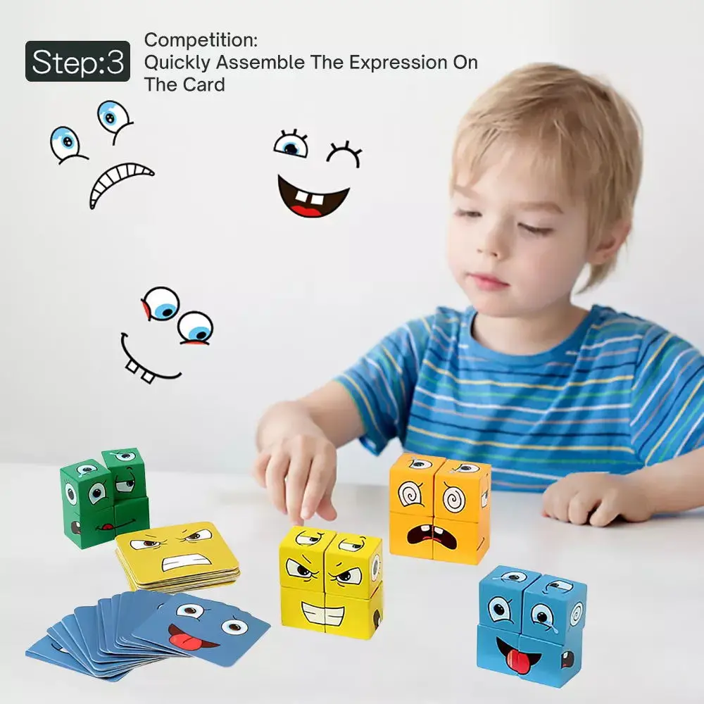 Cube Face Changing Building Blocks Board Game Cartoon Puzzle Montessori Toys Wooden Level Game Thinking Challenge Kids Toys