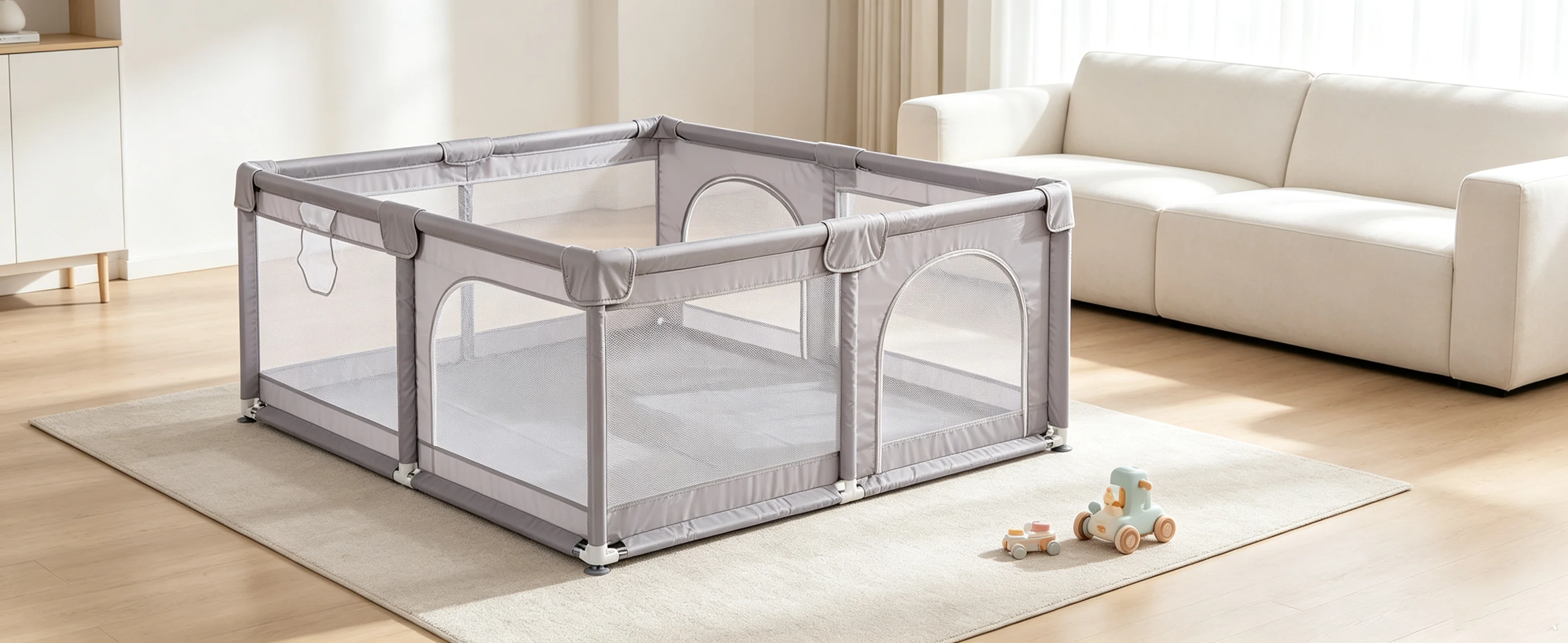 Baby-Laufstall, Kinder-Laufstall mit Matte, Kleiner Baby-Laufstall mit Barrieren, Oxford-Stoff Baby-Laufstall, Laufstall, Grau, 1,5 x 1,8 m – Detail 2
