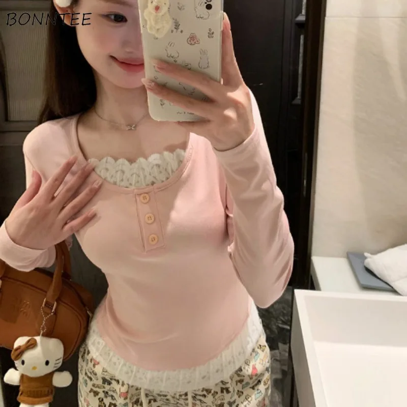 Pink T-shirts Women Slim Sweet Fake Two Pieces Lace Patchwork Winter Basic Tops Chic Comfortable Casual All-match Tender Buttons