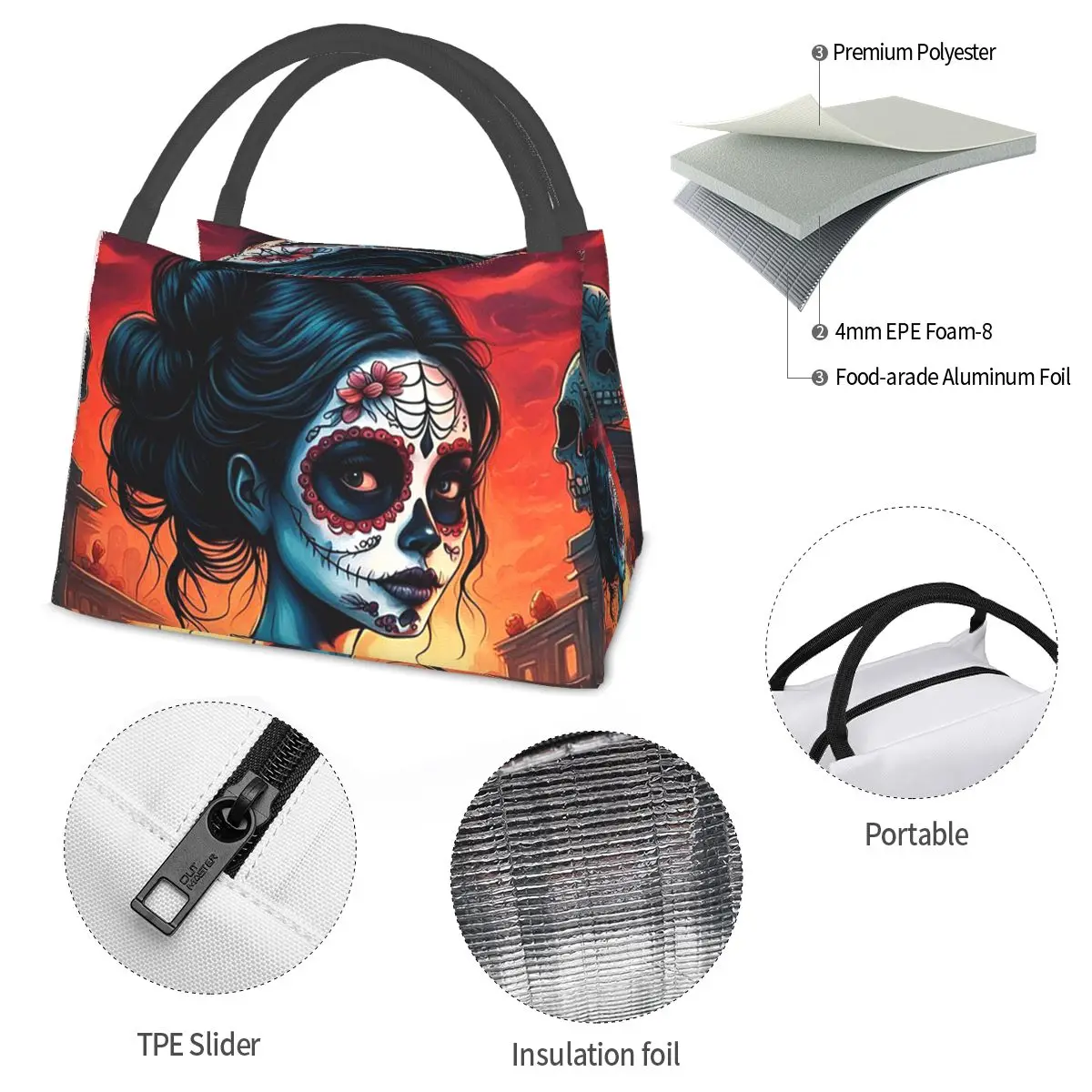 Alexander Gothic Las Elegantes Day Of Dead Skull Bolsas de almuerzo Bento Box Bolsa de almuerzo Bolsas de picnic Bolsa térmica para trabajo de mujer