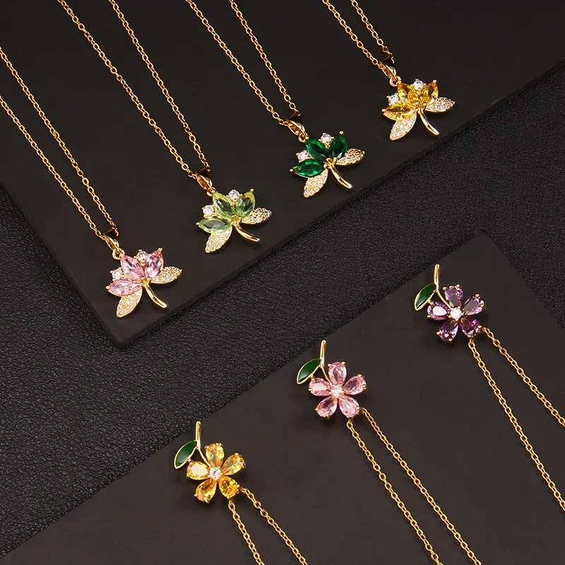 Fashion Creative Zircon Lotus Daisy Flower Pendant Necklaces for Women Stainless Steel Jewelry Accessories Daily Party Gifts
