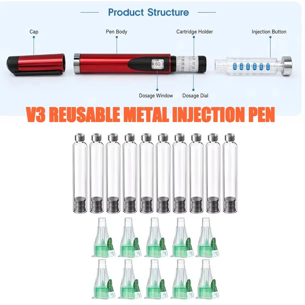 V3 Reusable Metal Injection Pen Adjustable Dose 3ml Cartridge Subcutaneous Injector Aesthetic Durable Precise Home Use