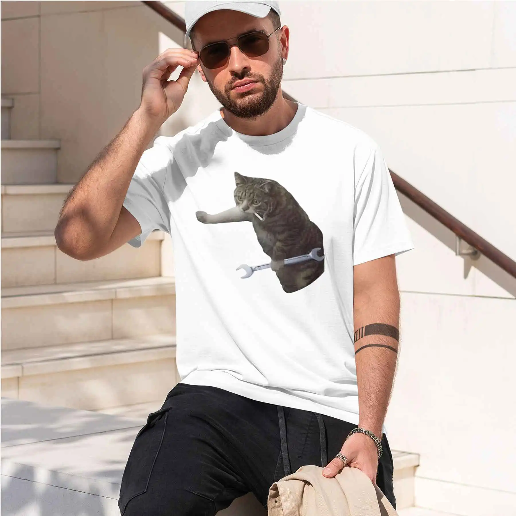 2026 new printed T-shirt Men's Funny Mechanic Cat Print T-shirt Trendy Street Style Casual Crew Neck Short Sleeve Top