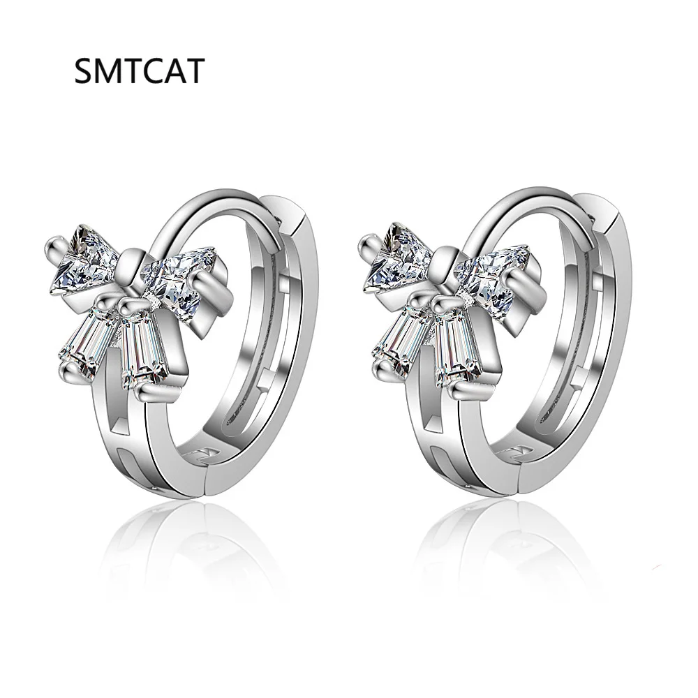 

925 Sterling Silver Zircon Lovely Bow Hoop Earrings Lady Wedding Jewelry Bow-knot Ear Buckle Euro Korean Student Girl Party Gift
