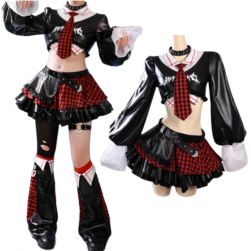 Tenue gothique punk rock Y2K pour femmes, mini-jupe à carreaux, haut court en cuir PU, ensemble complet, costume d'idole anime pour femmes, cosplay, Halloween