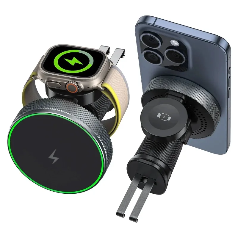 2 in 1 Car Wireless Charging Mount MagSafe Compatible 15W Fast For iPhone 17 16 15 14 13 Apple Watch AirPods Vent Phone Holder
