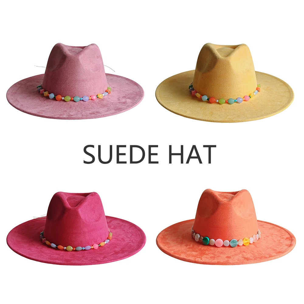 Women Men Western Suede Cowboy Hat Colorful Beaded Band Wide Brim Fedora Hat Vintage Cowgirl Cowbow Hat Festival Party Sun Hat