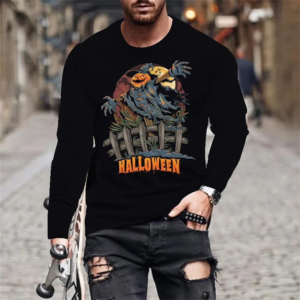 

Halloween Evil Pumpkin Head Print Autumn Men's O-Neck T-shirt Casual Long Sleeve T-Shirt Oversized Pullover Fashion Men Clothing