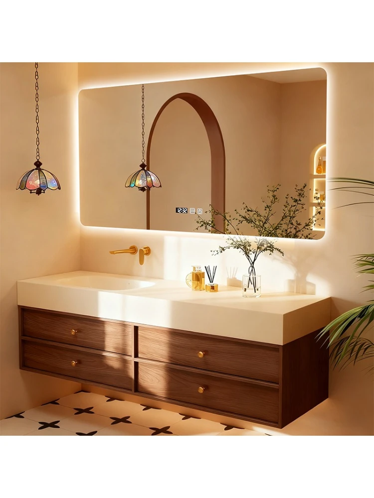 

Medieval style bathroom washstand rock slab hot bending seamless integrated basin bathroom cabinet combination