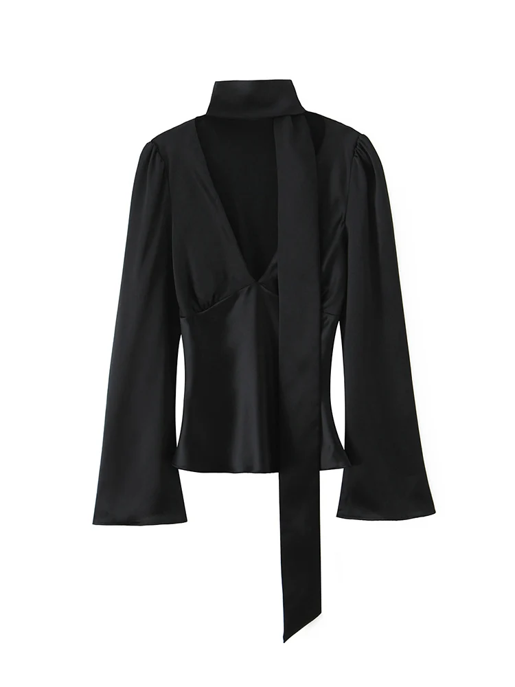 Весенняя новая женская рубашка с v-образным вырезом, элегантная расклешенная рубашка с длинными рукавами, модный повседневный офисный женский шарф, модная рубашка, женская одежда