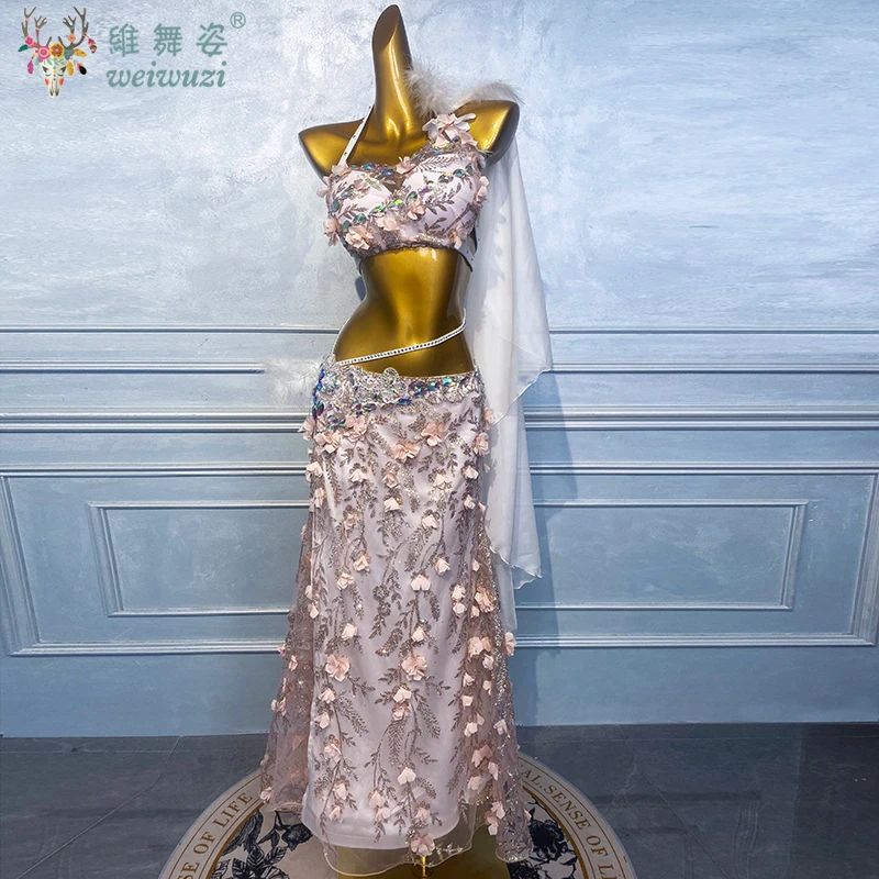 Bauchtanz-Kostüm-Set für Damen, maßgeschneidert, exquisiter Blumen-BH + sexy geteilter langer Rock, orientalische Tanz-Performance-Kostüme