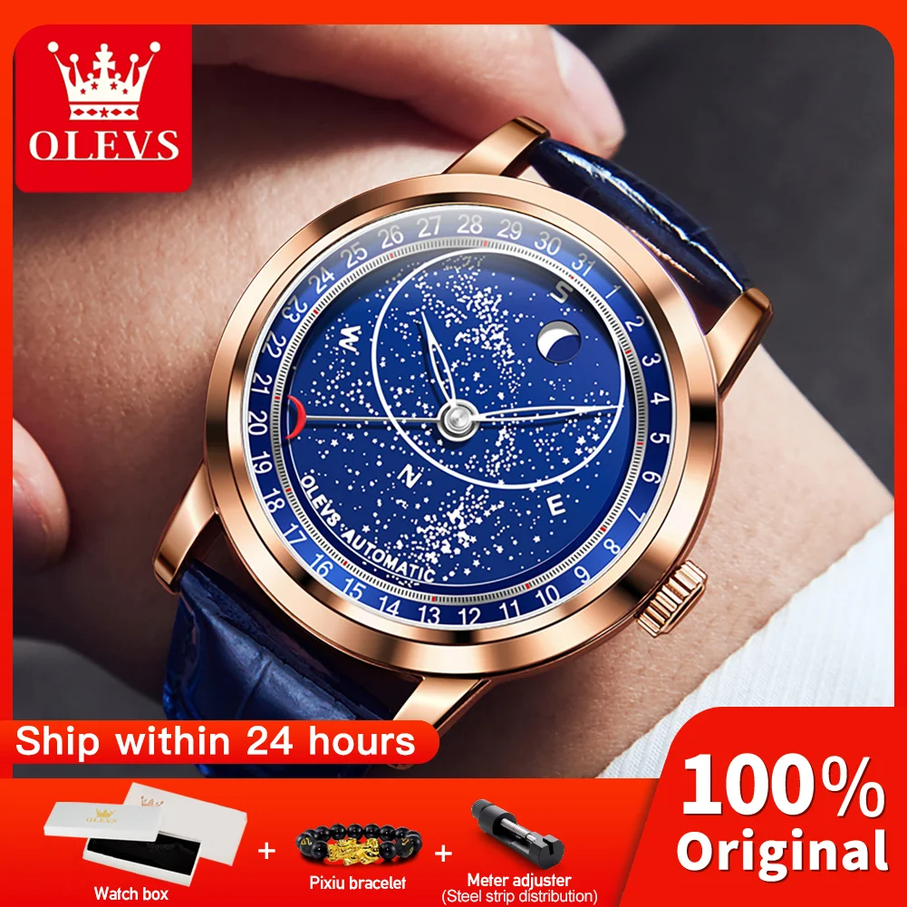 OLEVS 9923 Mens Watch Moon Phase Automatic Mechanical Watch Leather Luxury Waterproof Luminous Watch For Men Original Mens Gifts